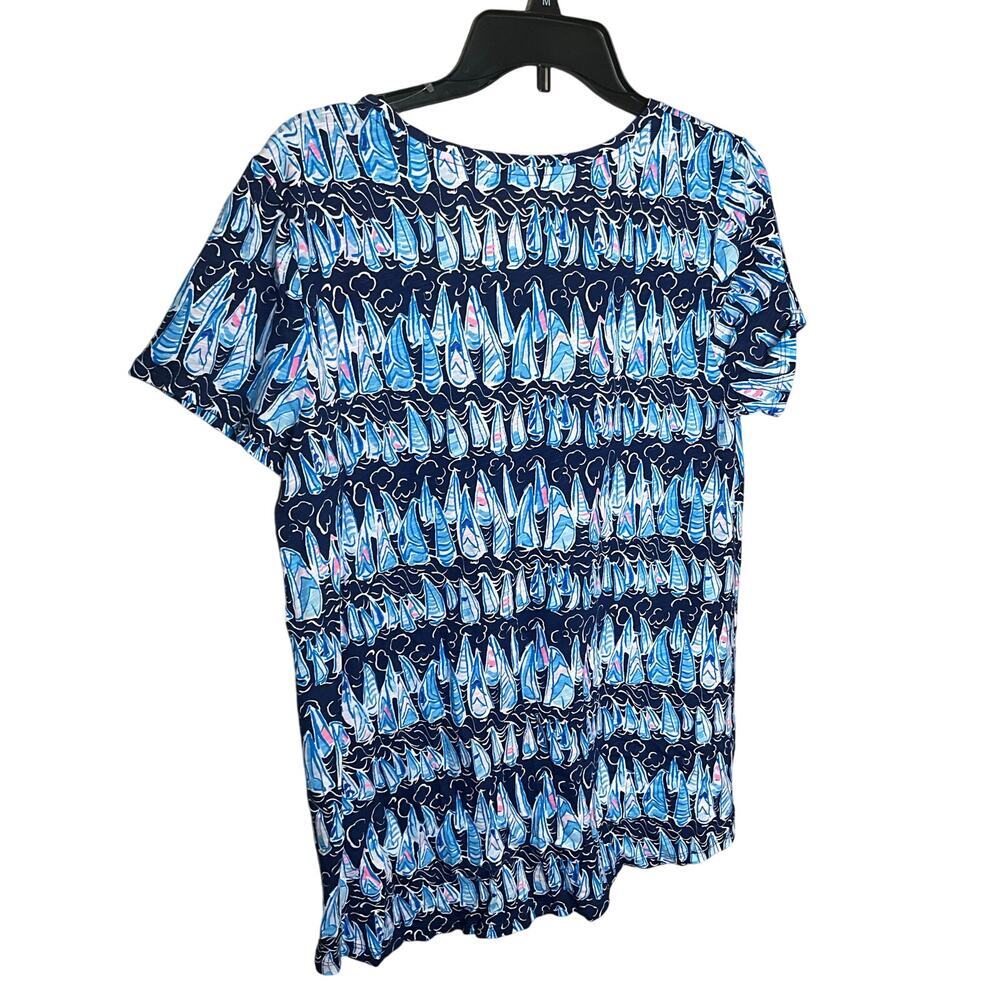 Lilly Pulitzer Cotton Sails and Stripes Top V-Neck Short Sleeve Blue Womens Sz L - Picture 2 of 3